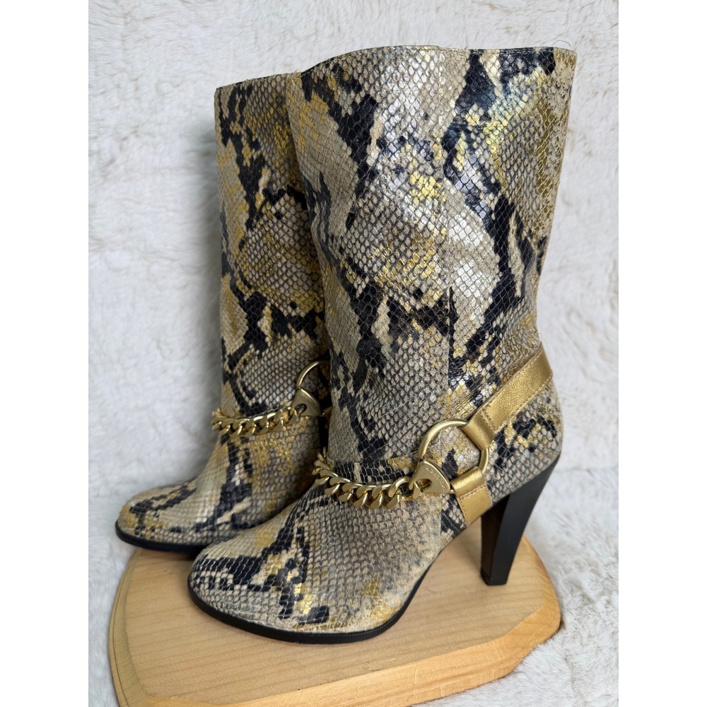 Michael Kors Snakeskin Embossed Gold Metallic Chain Harness Mid-Calf Boots 8M